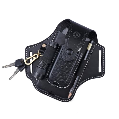 Image of Leather Cell Phone Holster Pouch Belt Case Multitool Camp EDC Sheath-Black | All-in-One EDC Organizer, Bottom Charging Port, Magnetic Closure,Full-Grain Leather,Gift for Camper,Retro Style Rigid Case