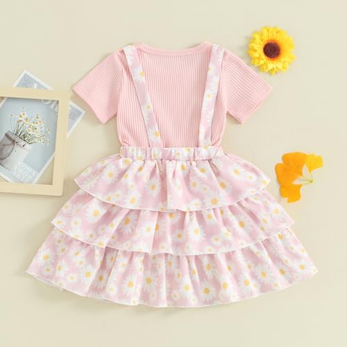 Image of Toddler Baby Girl Summer Clothes Kids Short Sleeve Solid T-Shirt Ruffle Daisy Skirts Overalls Dress Outfit 18M-6T
