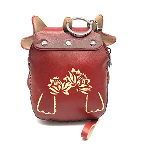 Vintage Genuine Leather 3D Animal Bull Coin Purse with keyring & Removable wrist strap (Red)2