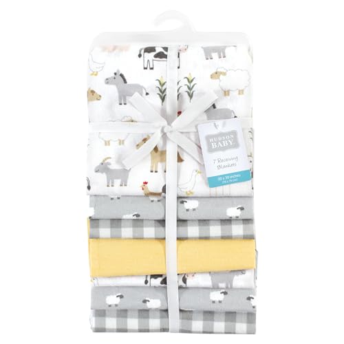 Image of Little Treasure Hudson Baby Cotton Poly Flannel Receiving Blankets Multipack, Grey Cute Farm, 30x30 inches