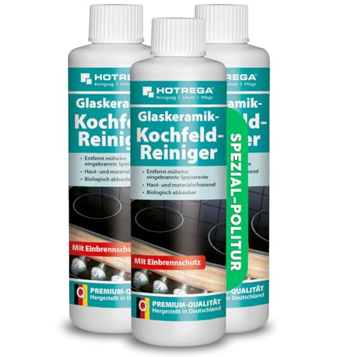 HOTREGA Glaskeramik Kochfeld Reiniger 3x 250ml | Entfernt eingebrannte Reste & schützt vor Mikro-Kratzern | Für Induktion, Edelstahl, Ceranfeld, Chrom