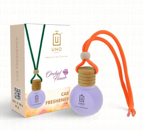 Image of UNO Aroma Car Air Freshener Scent, Long Lasting Car Perfume with Hanging Pod, Natural Essential Oil in Glass Bottle with Wooden Diffuser (Fragrance-Orchid, 15ml, Last Upto-30 Days)