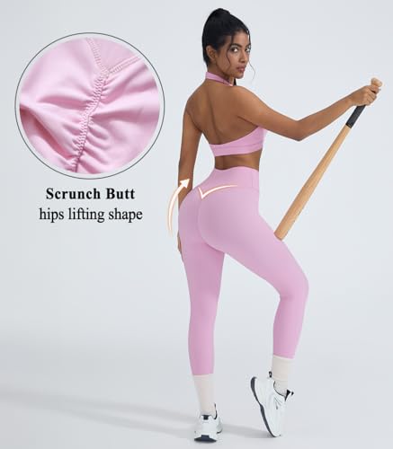 OMKAGI 2 Piece Workout Sets for Women Halter Sports Bras Gym Sets Booty Leggings Outfits4