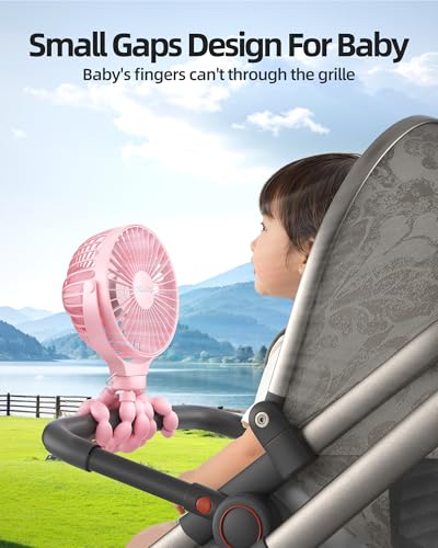 Image of Portable Stroller Fan Rechargeable USB Personal Clip On Fans, 360 Rotate 3 Speeds Detachable Flexible Tripod Small Mini Handheld Desk Fan Pink