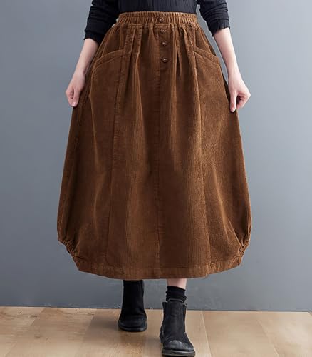 chouyatou Women's Elastic Waist Vintage Corduroy Skirt Button A-Line Swing Midi Long Skirt with Pockets2