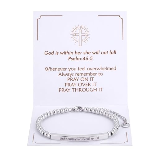 Christian Faith Gift for Women with Inspirational Bible Verse - God is Within Her, Uplifting Religious Adjustable Steel Beaded Bracelet, Faith-Based Gift for Her, Women's Baptism Jewelry