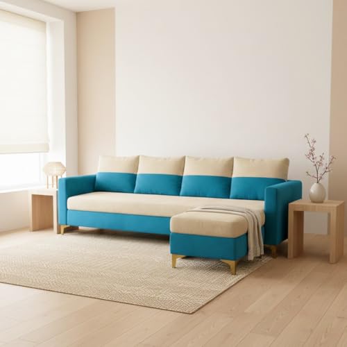 Image of FURNY Canvora 5 Seater L Shape Sofa Set with Movable Ottoman | Flexible Left or Right Layout | Plush Velvet Fabric (Cream-Aqua Blue) | Perfect for Living Room, Guest Room & Office