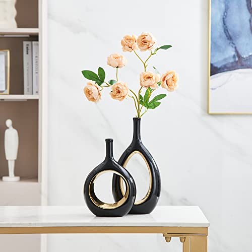 Ceramic Vase Set 2 For Black Vases Home Decor, Hollow Round Flower Vases For Decor, Donut Vase, Pampas Grass Vase, Minimalism Decor For Wedding Dinner Table Living Room Bedroom (Black Vase) #TOP3