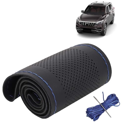 Image of KINGSWAY PU Leatherite Car Steering Cover Sewable Compatible with Mahindra Alturas G4 (Year 2018 Onwards), Black Color with Blue Thread, Pack of 1 with Sewing Needle and Thread