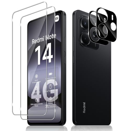 Haofun 2 Piezas Protector de Pantalla para Xiaomi Redmi Note 14 4G con 2 Piezas Protector de Lente de Cámara, Ultra HD Cristal Templado, Anti Arañazos, Sin Burbujas, Dureza 9H Vidrio Templado