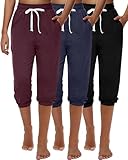 Ficerd 3 Pcs Women's Capri Sweatpants Joggers Casual Sports Cropped Lounge Pants High Waisted Athletic with Pockets (Black, Wine Red, Blue Grey,XXLarge)