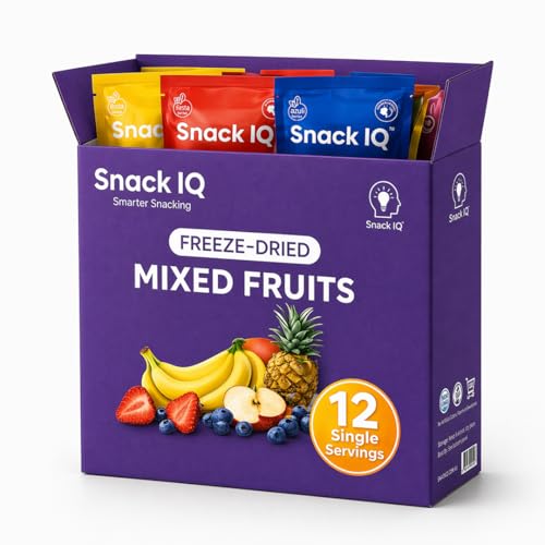 Snack IQ Freeze Dried Fruit Snacks Mixed 12 Pack - Freeze Dried Blueberries Mango Bananas Apples slices Peaches Strawberries & Pears - 10 Gram Individual Packs