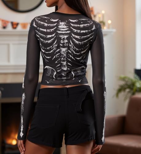 Adoeren Women Skeleton Print Mesh Shirt Gothic Graphic See Through Long Sleeve Crop Tee Blouse Slim Fit Sheer Top Party3