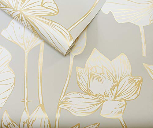 Nextwall Lotus Floral Peel And Stick Wallpaper (Metallic Gold & Gray) #TOP1