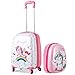 COSTWAY Set di Valigia Trolley per Bambini + Zaino, Bagaglio a Mano, con Ruote Girevoli a 360 °, Perfetto per Viaggi e Scuola, Rosa Unicorno