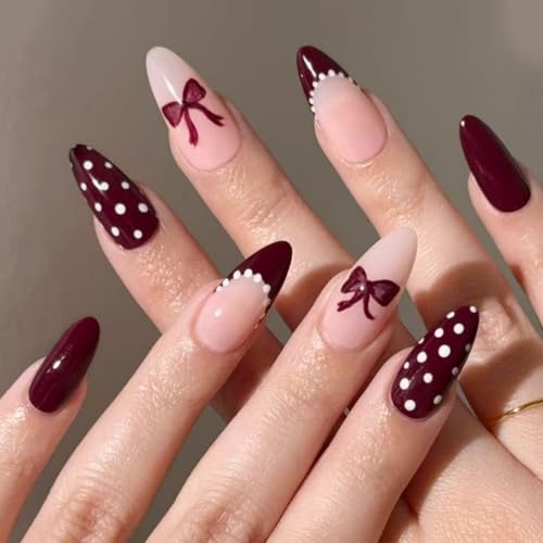 Image of Red Press on Nails Polka Dot Fake Nails Medium Almond False Nail with Bow Design French Tip Glue on Nails Glossy Full Cover Artificial Acrylic Stick on Nail for Women Manicure 24Pcs