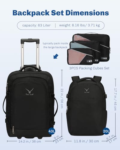 Hynes Eagle 2 in 1 Travel Backpack 22 inches Carry on Luggage 63L Rolling Backpack for Men Women with Packing Cubes 3PCS Set2