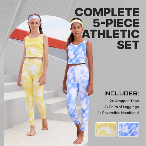 Girls Athletic Leggings Yoga Pants w/Sleeveless Crop Tank Tops for Kids Workout Cheer Dance Run Sizes 3-16, 5pc Set2