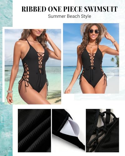 Image of Tempt Me Women Sexy Lace Up One Piece Swimsuit Deep Plunge V Neck High Cut Bathing Suits