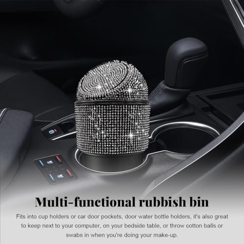 Image of Yourkar Bling Car Trash Can with Lid, Sparkling Crystal Auto Garbage Can with Leak-Proof Lid, Multipurpose Waterproof Trash Bin for Automotive Home Office Kitchen Bedroom (Black)