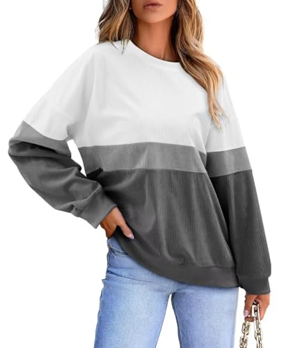 KISSMODA Womens Casual Long Sleeve Sweatshirts Color Block/Solid Tops Corduroy Crewneck Tunic Pullover with Pockets