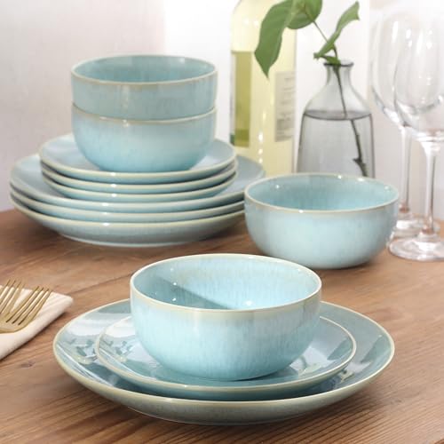 Image of Gibson Elite Pine Coast Plates and Bowls Sets, 12-Piece Stoneware Dinnerware Sets, Reactive Glaze Dish Set - Blue