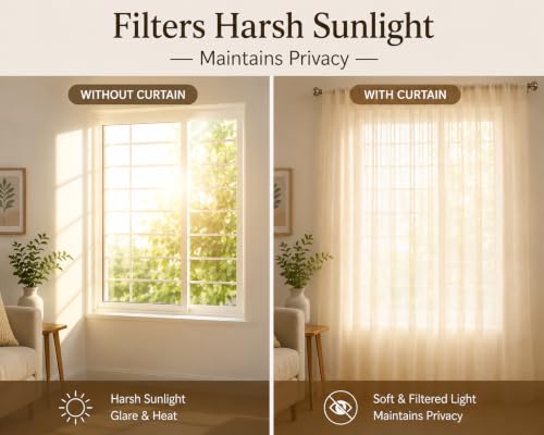 Image of KALIYO Linen Look Sheer Pleated Curtains for Living Room & Bedroom | Premium Light Filtering Window Curtains | Pinch Pleat Header Curtain Panels | Beige | 5FT | 2 Piece Set