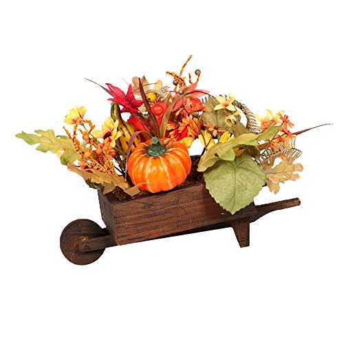 SUREH Mini calabazas artificiales para Halloween, hojas de arce y girasoles en mini carrito de madera, calabaza, otoño, cosecha, arreglo de mesa, decoración de Halloween, boda, centros de mesa