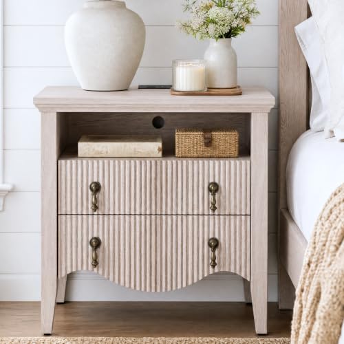 Image of Set of 2 Nightstands with Charging Station&2 Fluted Drawers,Nature Oak | Vintage Bedside Table, 2 Fluted Drawers and Open Shelf, Rustic End Table, Power Outlet and USB Ports, For Bedroom