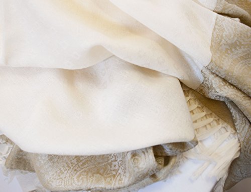 Large Silk Wool Jamavar Shawl White-on-White & Gold Reversible Paisely Pashmina4
