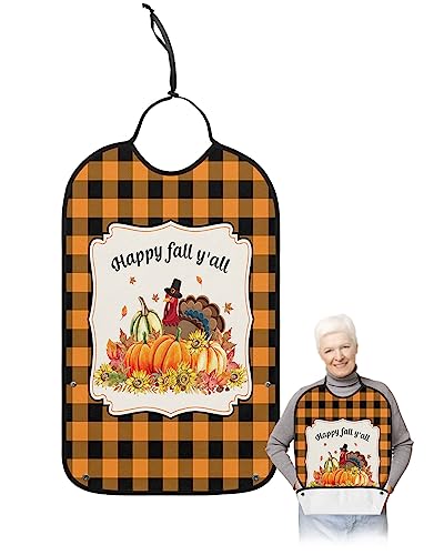 Thanksgiving Pumpkin Adult Bibs for Eating, Waterproof Bibs with Food Catcher & Adjustable Snap Closure, Orange Black Plaid Turkey Washable Clothing Protectors Adult Bibs for Elderly Women/Men