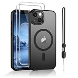 Jshru Magnetic for iPhone 13/iPhone 14 Case,Compatible with Magsafe,with Lanyard and HD Screen Protectors,[Durable & Sturdy] Slim Translucent Protective Cover,iPhone 13/14-Black