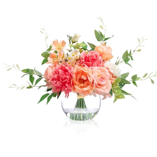 WELL KNOWN Artificial Flowers in Vase with Fake Water, Silk Peony Rose Flower Bouquet with Vase for Home Spring Decor Wedding Birthday Party Dining Table Centerpieces & Gift (Coral & Peach Plus) by WELL KNOWN - Used condition - US$37.37