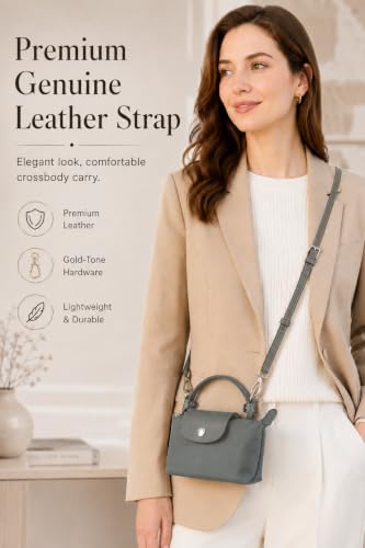 Image of Purse Organizer Insert & Leather Strap Conversion Kit Set, Compatible with Longchamp Le Pliage Mini Bag - Felt Inner Liner & Adjustable Shoulder Strap, Beige Insert & Anthracite Strap