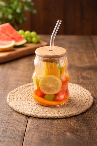 Image of Glass Mug with Bamboo Lid and Straw, 510ml, for Cold Drinks, Smoothies, Coffee(Pack of 1) (Can Shape Drinking Glasses with Wooden Lid)