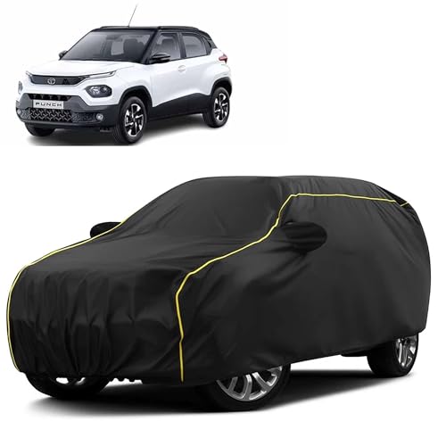Image of Sulfar 100% Water Resistant Car Body Cover Compatible with Mirror for Tata Punch (Triple Stitched, Full Bottom Elastic, Black Taffeta with Yellow Piping)