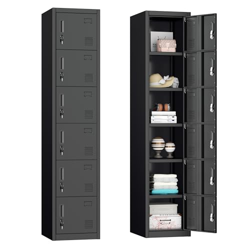 Bonusall Employees Lockers,Metal Office Storage Locker with 6 Door, Tall Steel Lockers with Keys and Lock for School, Gym, Home, Garage,Black