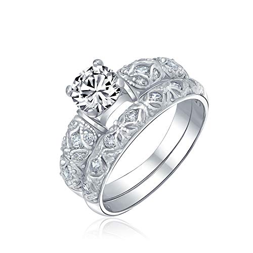 Bling Jewelry Personalize Antique Vintage Style Milgrain 1-3 CT Round Cubic Zirconia Solitaire AAA CZ Anniversary Engagement Ring Wedding Band Set For Women .925 Sterling Silver Customizable2
