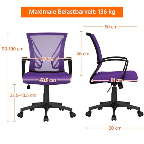Yaheetech Bürostuhl Ergonomisch mit Netzbespannung Atmungsaktiv, Lila – Ansicht 3