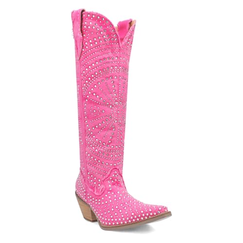 Dingo Womens Honkytonk Honey Rhinestone Snip Toe Pull On Casual Boots Knee High Mid Heel 2-3" - Pink2