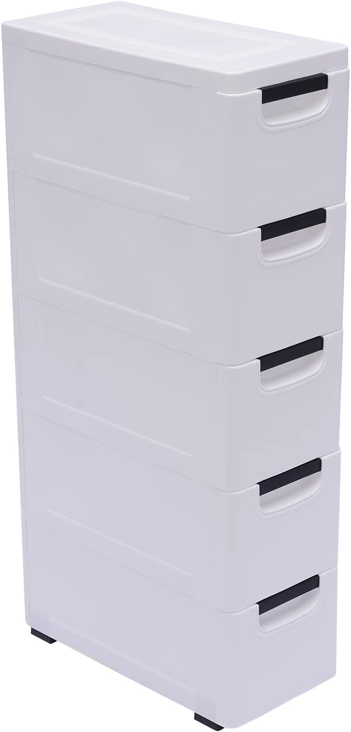 5 Tier White Plastic Storage Cabinet Stackable 5 Drawers Vertical Clothes Storage Cabinet with Wheels for Home Bedroom 7.9 x 15.8 x 33.1in