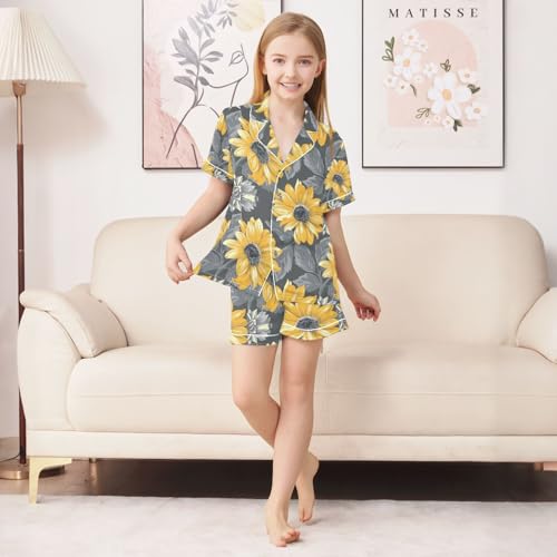 senya Sunflowers Grey Satin Summer Pajama Sets Silk Short Sleeve Button Down Sleepwear4