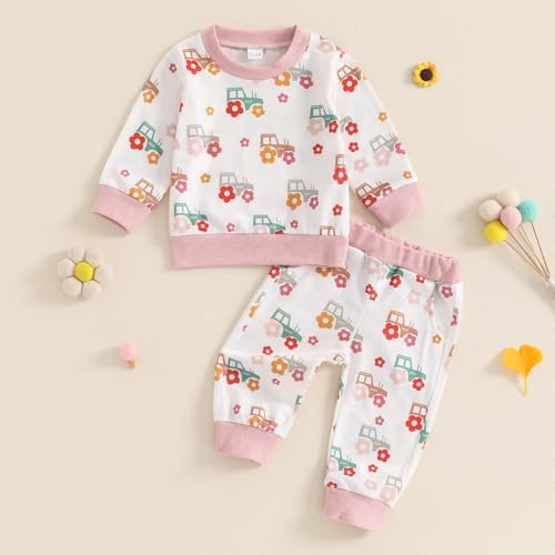 Little Girls 2Pcs Fall Outfits Floral Tractor Print Long Sleeve O Neck Tops Pants Sets Newborn Spring Fall Clothes2