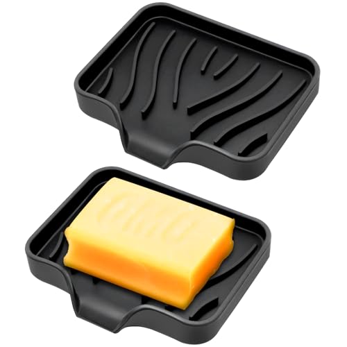 qingmeng Jabonera de silicona, 2 unidades, jabonera con desagüe, color negro, soporte para jabón, jabonera para lavabo, jabonera pequeña, caja de jabón