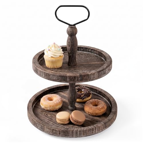 Mustry Rustic Wooden 2 Tiered Tray, Round Farmhouse Kitchen Table Decor Serving Tier Tray, Food Fruits Cupcake Display Coffee Bar Home Party Seasonal Decorations (Brown)