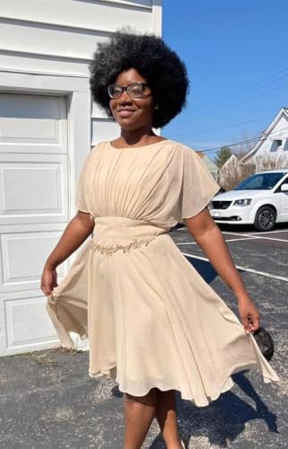 Image of YOFF Dusty Blue Scoop Neck Short Bridesmaid Dresses for Women Flutter Sleevs Midi Coaktail Gown Chiffon Casual Formal Party Dresses A-line US6