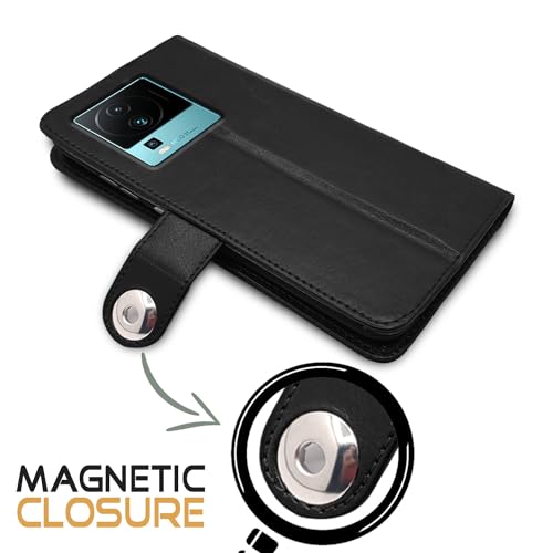 Image of Pikkme iQOO Neo 7 Pro 5G Flip Cover Leather Finish | Inside TPU with Card Pockets | Wallet Stand and Shock Proof | Complete Protection Button Flip Case (Black)