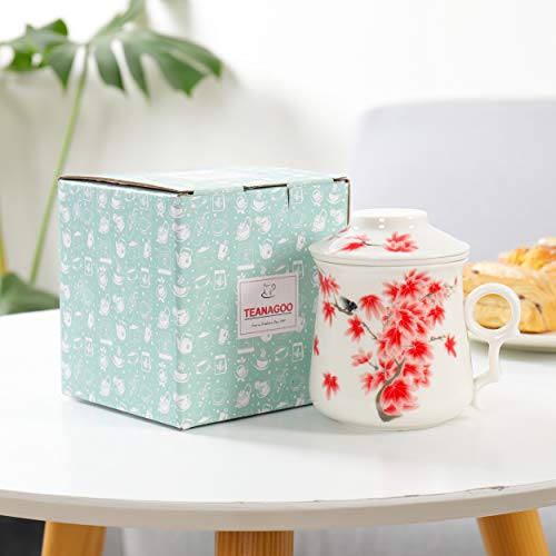 TEANAGOO M01-4 Ceramic Tea-Mug with Filter/Steeper and Lid, 13.7OZ, Red Leaves, Portable Ornament infuser,Infused Tea-Cup, Brewing Filter, Steeper Men Mom, TEANAGOO Maker