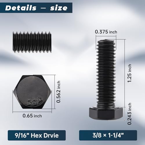Image of Glvaner 3 /8-16 x 1-1 /4 inch Stainless Steel Hex Head Screws Bolts, Black Coated, 304 Stainless Steel 18-8, Hexagon Head Bolts, Full Thread, 10 pcs