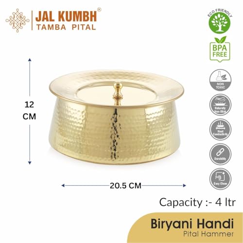 Image of Brass Royal BIRYANI Handi-(4 Litre) | Handcrafted Traditional Cooking Pot | Brass Lagan for Dum Biryani, Festive Cooking & Serving | Color - Gold
